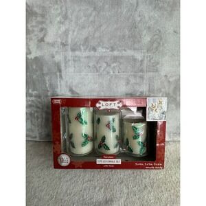 Loft Living 3pc‎ Flameless LED Candle Set Holly Berry Glitter Wax Timer Holiday